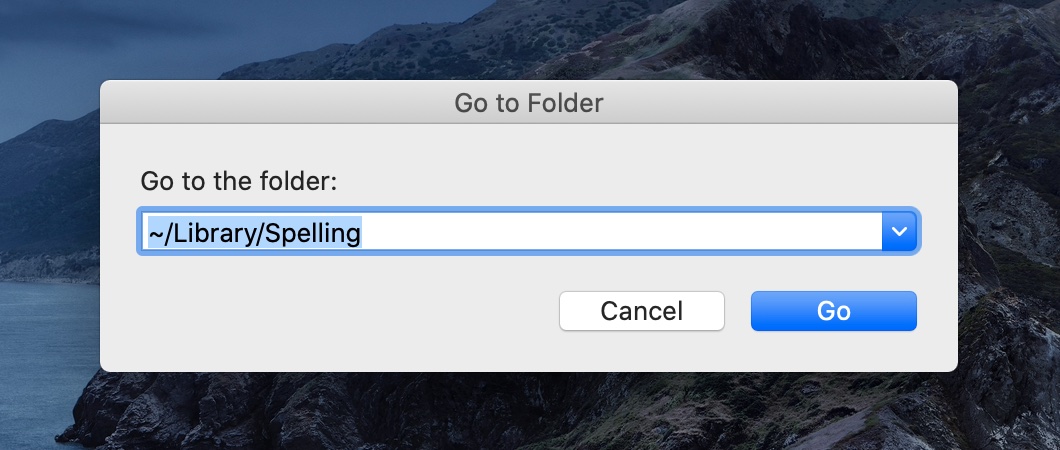 Step 3 screenshot: Enter the path ‘~/Library/Spelling’ and click ‘Go.’