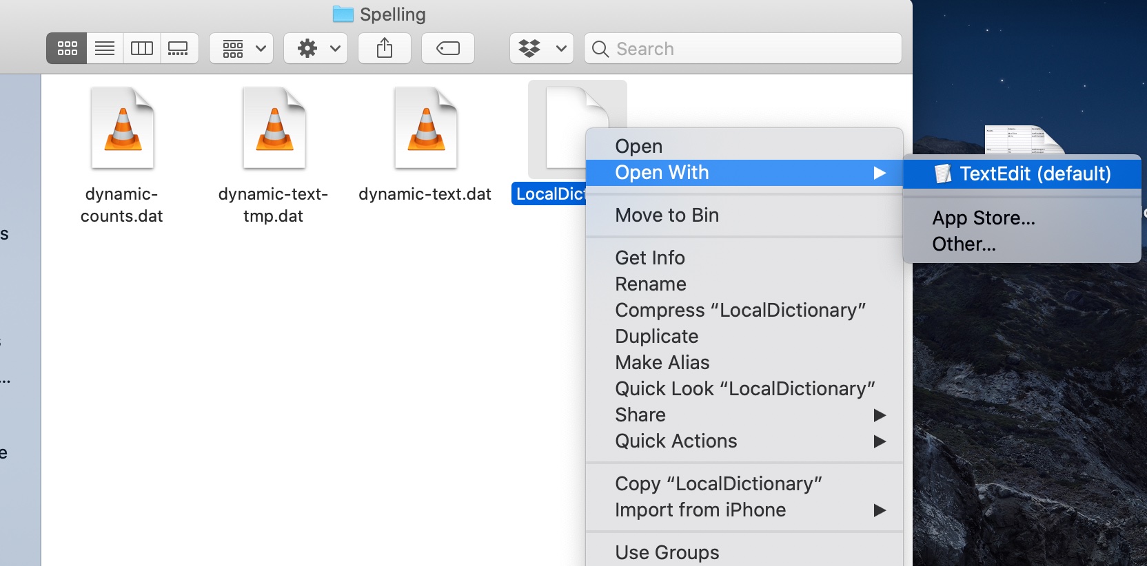 4. Press and hold the Control key on your keyboard and click the ‘LocationDictionary’ file and select ‘Open with > TextEdit.’